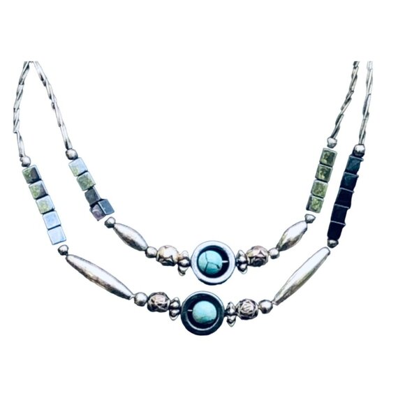 Handmade Liquid Silver, Hematite, and Faux Turquoise Bead Necklace Vintage - Picture 3 of 4